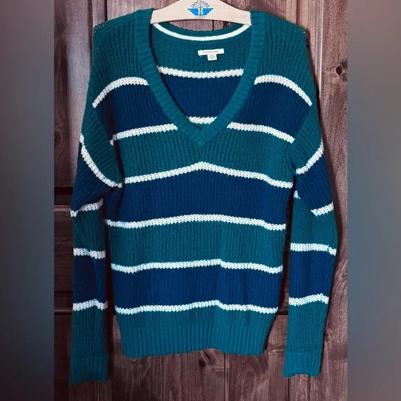 American Eagle Outfitters Blue and Green V-Neck Sweater - Picture 2 of 7